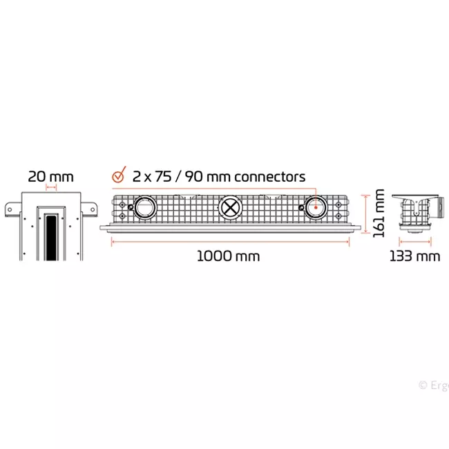 Ergovent verputzbarer rahmenloser Schlitzdurchlass 1000 mm mit Anschlussdurchmesser 90 mm - Standard