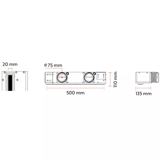 Ergovent verputzbarer rahmenloser Schlitzdurchlass 500 mm mit Anschlussdurchmesser 75 mm - Standard