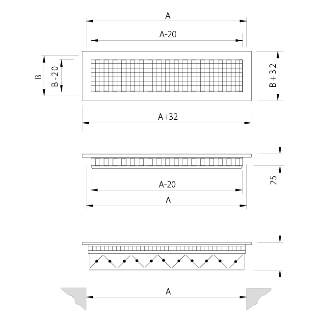 Aluminium Wandgitter mit festem Gitter - mit Reibungsfedern - 600x400 mm - RAL 9005
