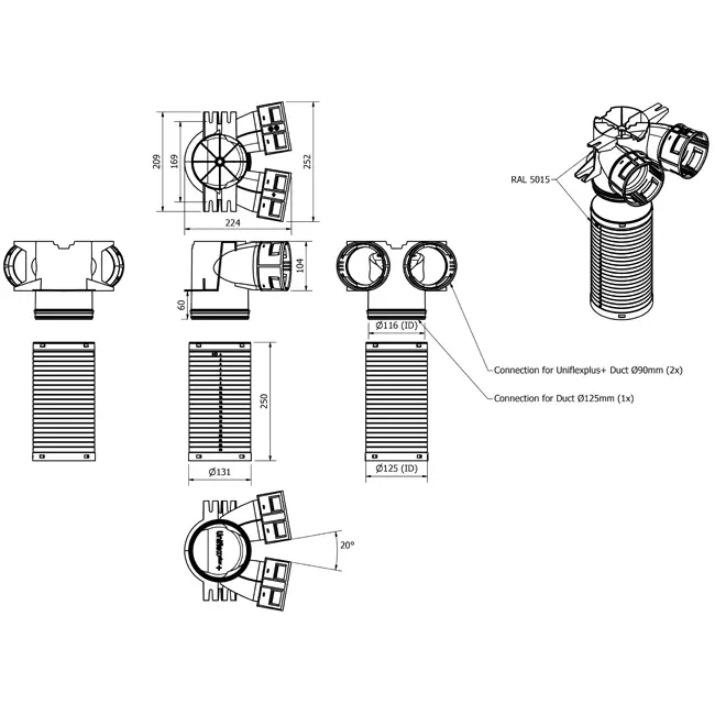 Vent-Axia Uniflexplus Ventilsammler 2 x Ø90 mm - Ø125 mm