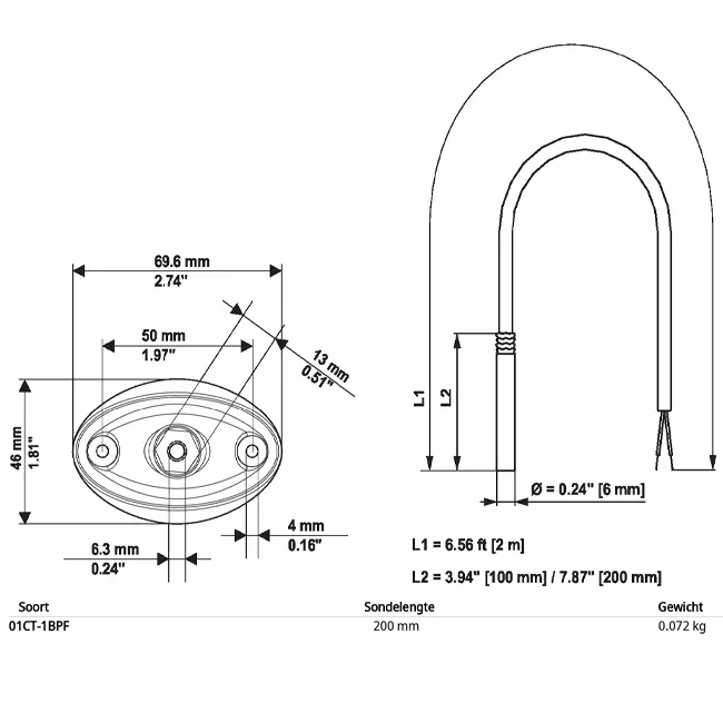Belimo Kabeltemperaturfühler PT1000 200x6 mm - 2 Meter mit Montageflansch - 01CT-1BPF