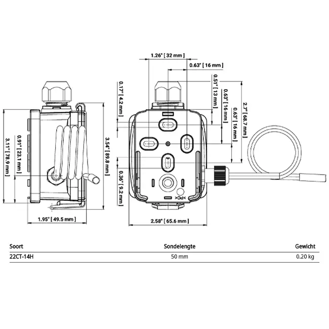 Belimo Kabeltemperaturfühler 4-20 mA - Fühler 50x6 mm - 2 Meter - 22CT-14H