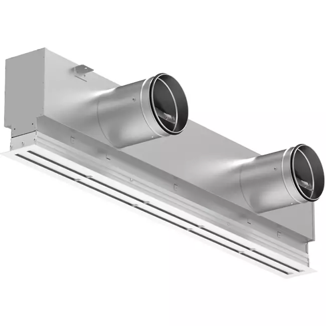 Aluminium-Lüftungsgitter mit 1 verstellbarem Lamellenblatt – 2000 mm – RAL 9016 + isolierter Luftverteilerkasten mit Luftmengenregelklappe
