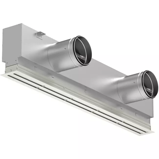 Aluminium-Lüftungsgitter mit 1 verstellbarem Lamellenblatt – 1250 mm – RAL 9010 + isolierter Luftverteilerkasten mit Luftmengenregelklappe
