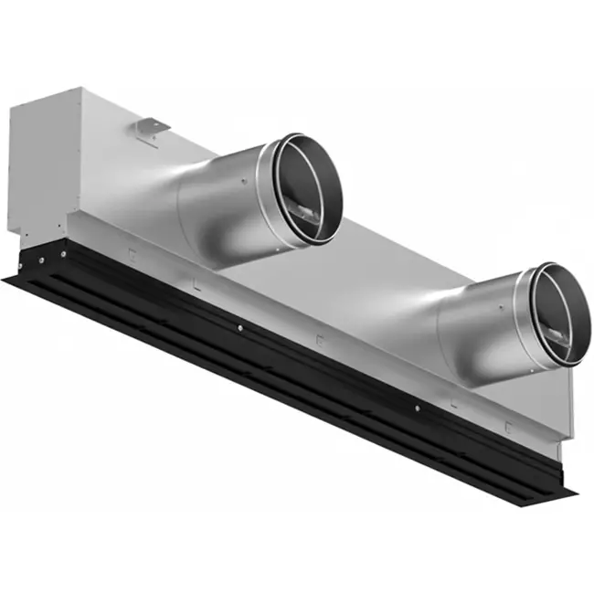 Aluminium-Lüftungsgitter mit 4 verstellbaren Lamellenblättern – 1250 mm – RAL 9005 + isolierter Luftverteilerkasten mit Luftmengenregelklappe