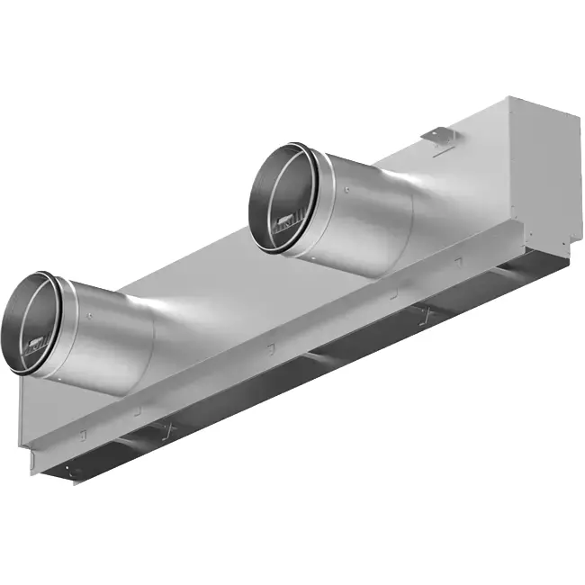 Aluminium-Lüftungsgitter mit 1 verstellbarem Lamellenblatt – 2000 mm – RAL 9016 + isolierter Luftverteilerkasten mit Luftmengenregelklappe