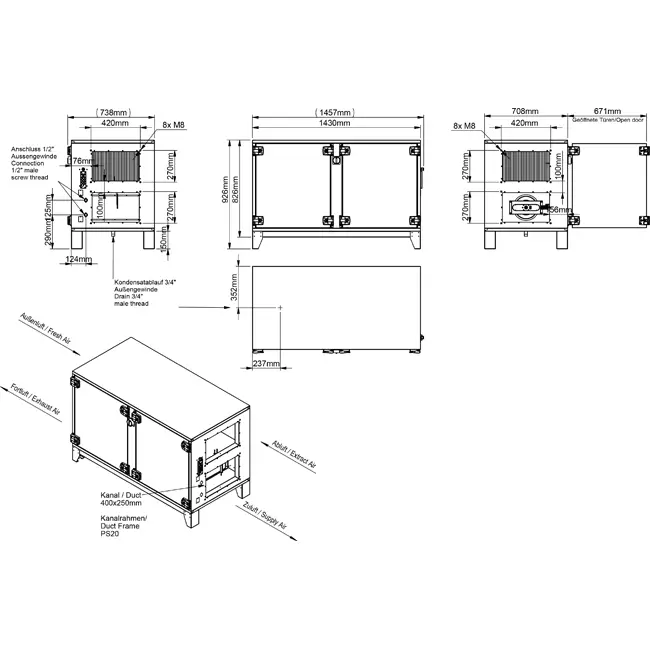 Maxivent WTW-Lüftungsgeräte mit Gegenstromwärmetauscher, 700 m³/h, mit elektrischem Heizelement, horizontal rechts – PHE 700 H EOJR