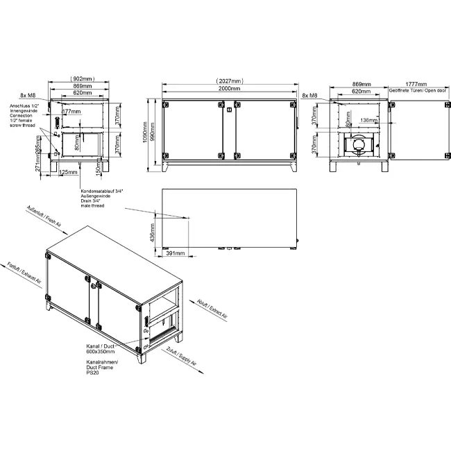 Maxivent WTW-Lüftungsgeräte mit Gegenstromwärmetauscher, 2000 m³/h, mit elektrischer Heizung, horizontal links – PHE 2000 H EOJL