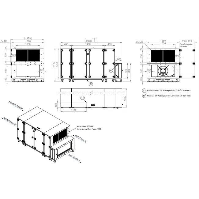 Maxivent WTW-Lüftungsgeräte mit Gegenstromwärmetauscher, 5000 m³/h, mit Warmwasserregister, horizontal links – PHE 5000 H WOJL T 01