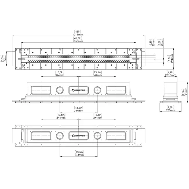 Ergovent, einbaubares, rahmenloses Liniengitter, 1050 mm, mit Anschlussdurchmesser 125 mm – Klimaanlage – 2 Schlitze