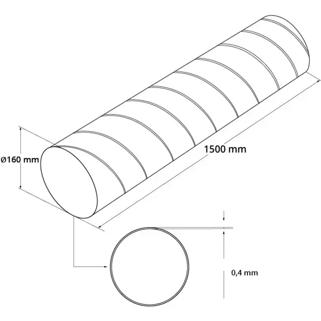 Spiralrohr Ø 160 mm, Länge 1,5 Meter – verzinkt