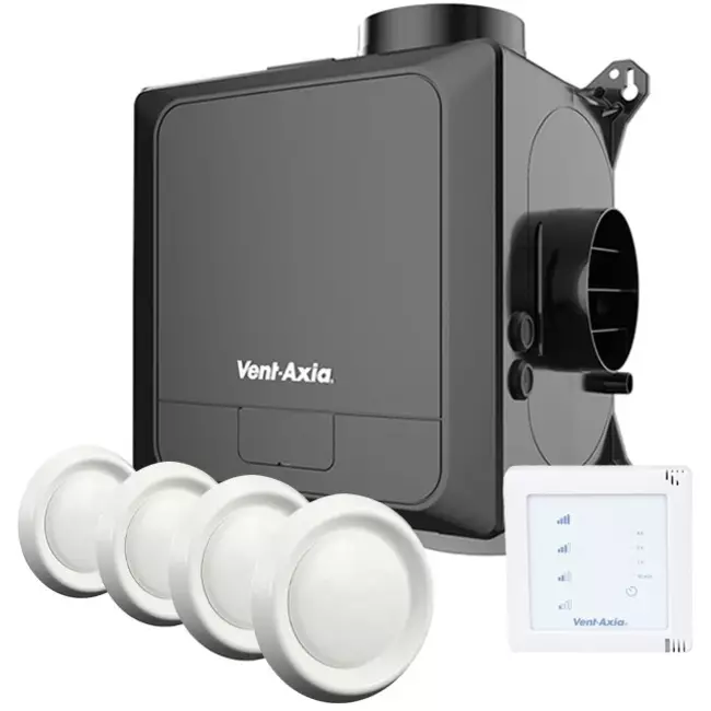Vent-Axia Multihome AEC advance Paket 368 m³/h Bluetooth + CO2-Sensor + Feuchtigkeitssensor + RFT Steuerbatterie + 4 Ventile - Eurostecker